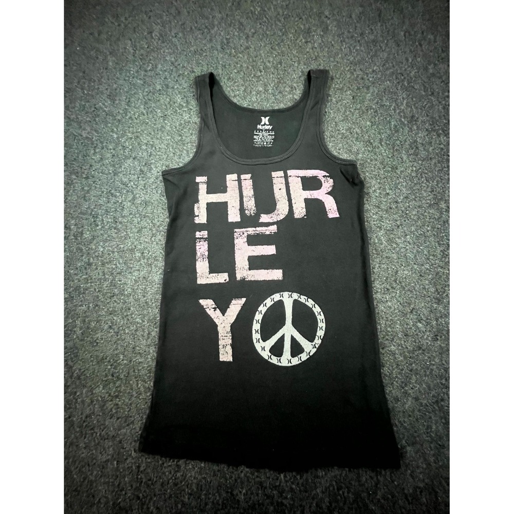 Y2K Hurley Tank Top Womens Large Black Pink Graphic Ribbed Sleeveless Round Neck